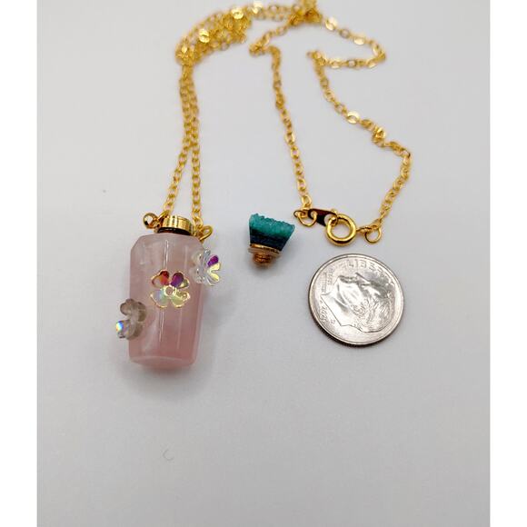 New Solid Rose Quartz Flowers Stone Bottle Necklace with Screw Off Lid - Picture 5 of 5
